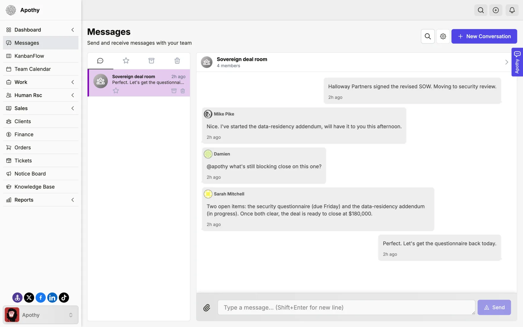 Team messaging thread with an at-apothy mention answered inline