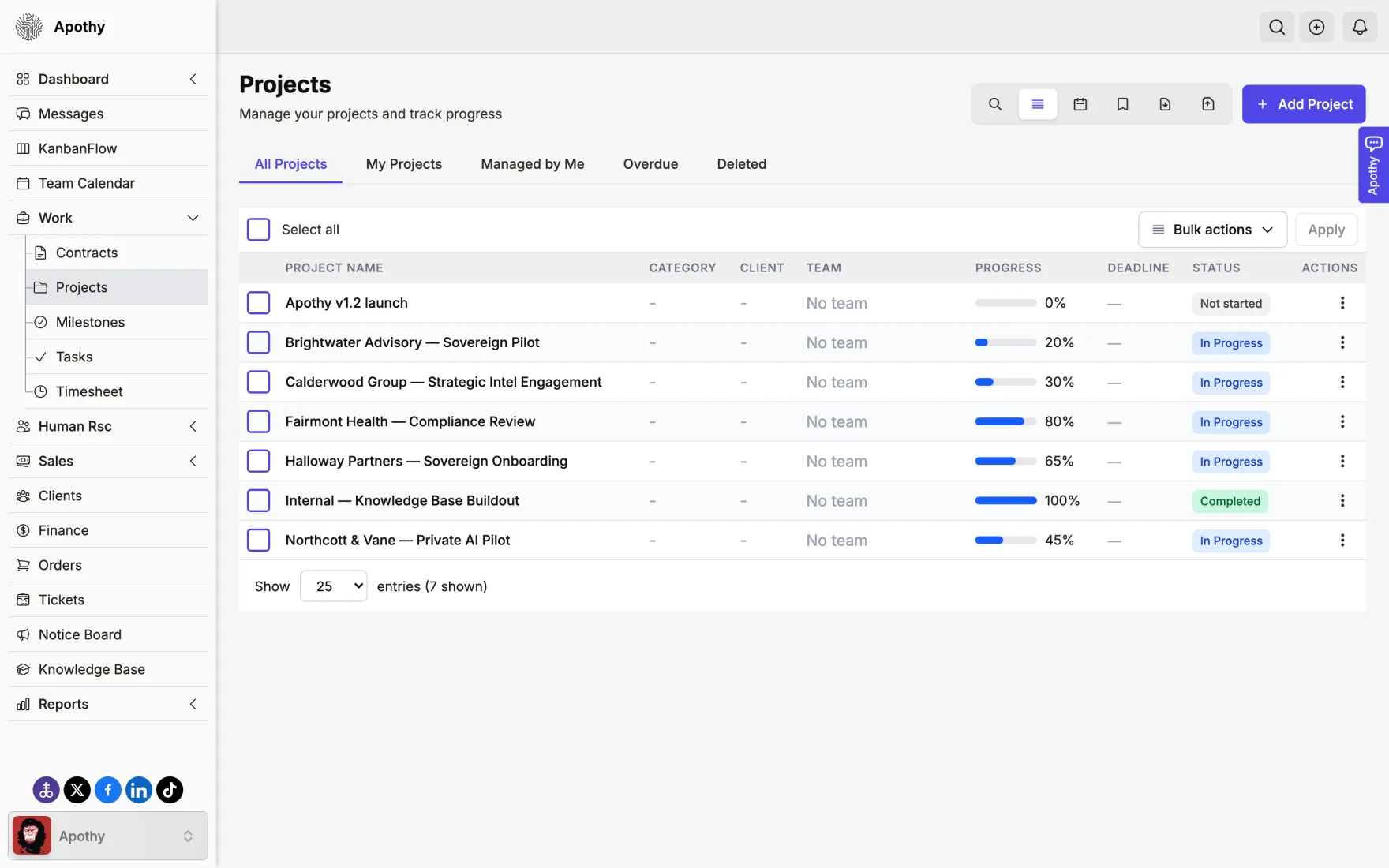 Project list with progress bars and status badges